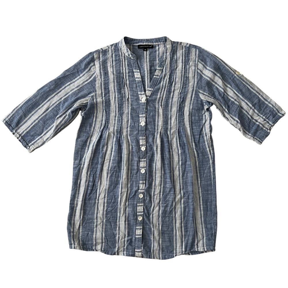 Club Z Collection Blue White Striped Cotton Tunic Top Women Size M 3/4‎ Sleeve